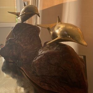 Vintage John Perry Studio 
2 Solid Brass Dolphins 
Sculpture Dolphin Burl Wood